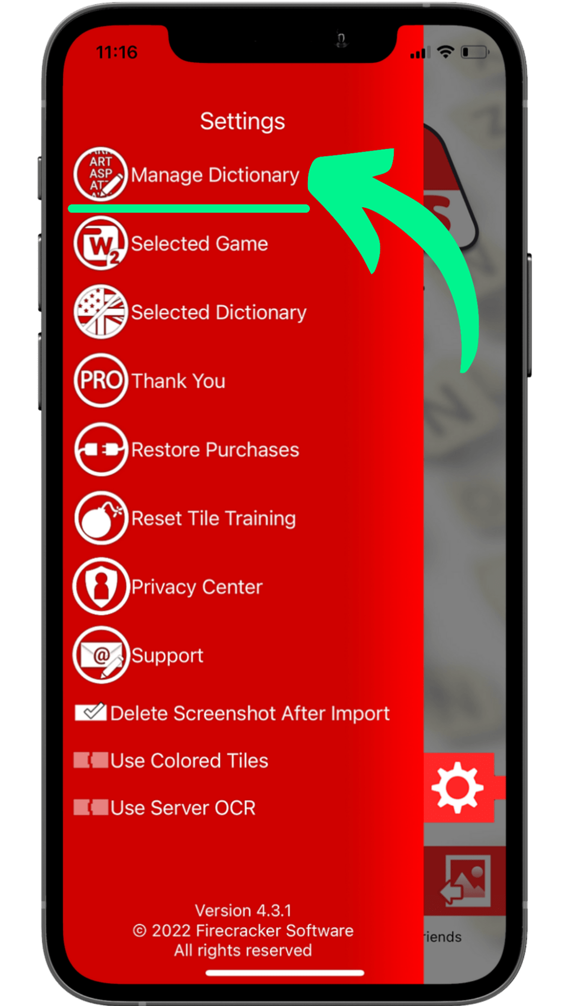 Press Manage Dictionary