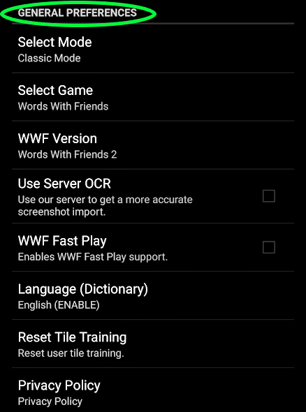 Android Wordbreaker General Preferences