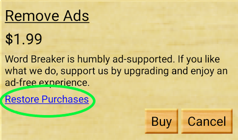 Android Wordbreaker Restore Purchases