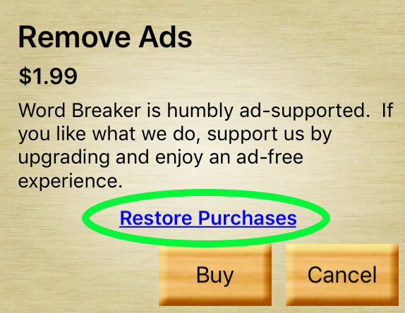 iOS Wordbreaker Restore Purchases