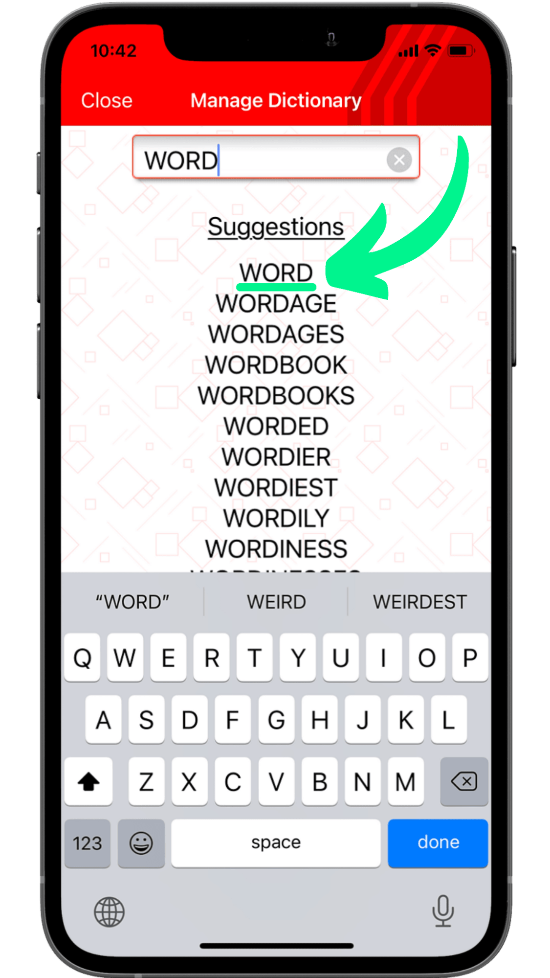 Select your word in the Suggestions list