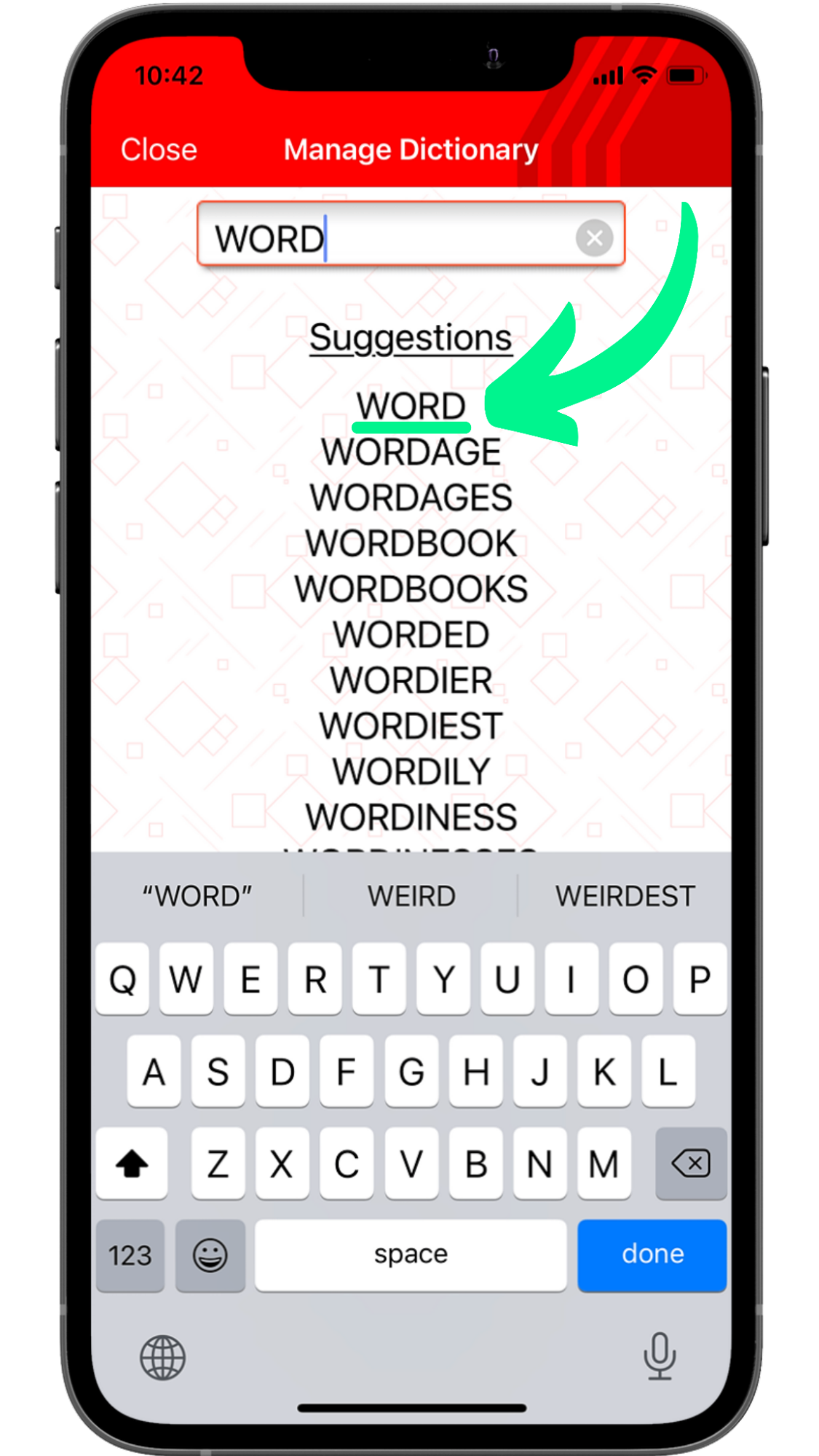 Select your word in the Suggestions list