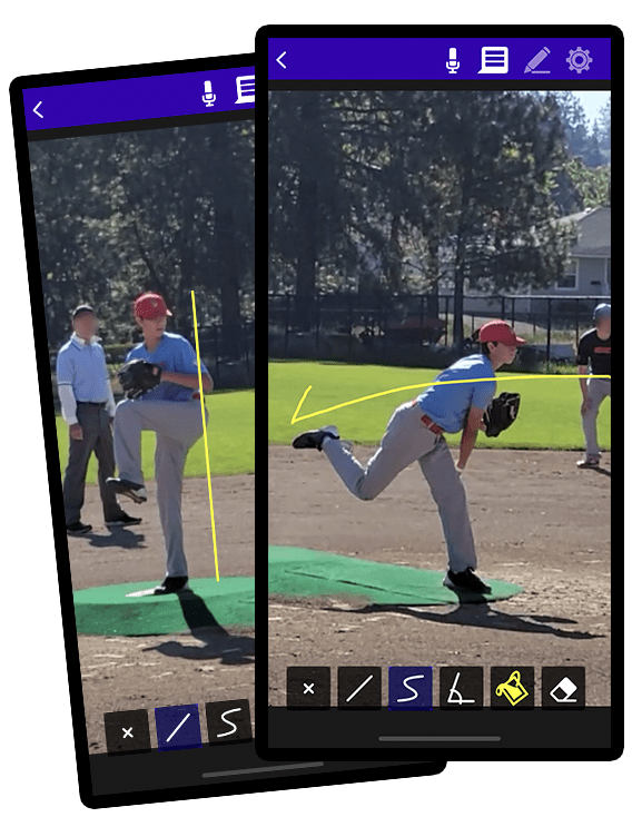 Screenshots of CoachView with a baseball player pitching