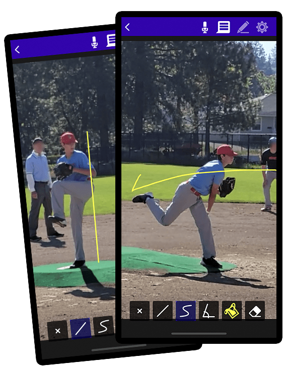 Screenshots of CoachView with a baseball player pitching